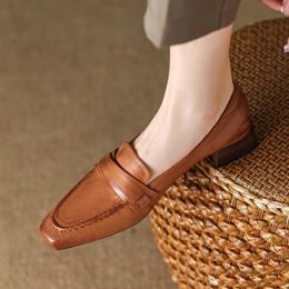 Casual Shoes Women's Vintage Cozy Med Heels Slip On Thick Heel Simple Women Loafers French Style Sheepskin Retro Pumps