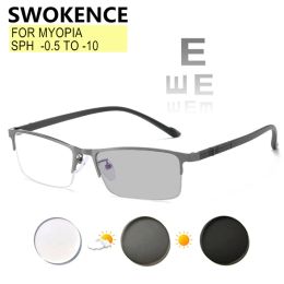 Frames Swokence Myopia Glasses 0.5 to 10 Women Men Half Frame Anti Blue Light Photochromic Prescription Spectacles Nearsighted F040