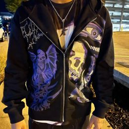 Polos Men's Rhinestone Skull Purple Print Streetwear Oversized Hoodie Men's Jacket Jacket Goth Harajuku Y2k Clothes Grunge Zip Hoodie