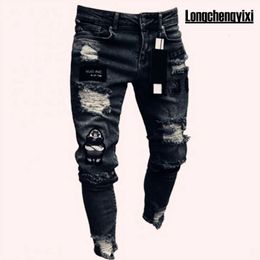 Men Stretchy Ripped Skinny Biker Embroidery Cartoon Print Jeans Destroyed Hole Slim Fit Denim High Quality Hip Hop Black 240423