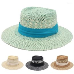 Berets Three-fold Ribbon Accessories Straw Hat Women Summer Boho Sun Hats Cap Beach Hawaii Dance Show Big Brim Hard Bohemian Style