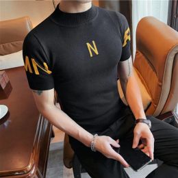 T-Shirts 2022 Spring New Short Sleeved Knitted Sweater Half Turtleneck TShirt High Quality Men Korean Slim Casual Pullovers Homme S4XL