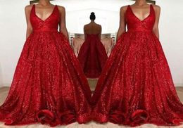 2018 Red Sparkly Sequined Prom Dresses Long Deep VNeck Sleeveless Backless A Line Cheap Evening Party Gowns5640821