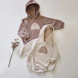 One-Pieces INS Baby Boys Oversized Romper Toddler Girls Rainbow Hoodie Romper Autumn Spring Long Sleeve Beige Sweatshirt Outwear Bodysuit