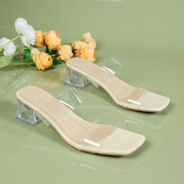 Women's Mid-heel Slippers Fashion PVC Transparent Shoes 2024 Summer New Square Head Crystal Heel