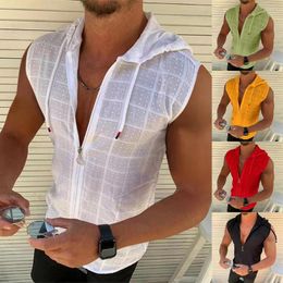 Men's Tank Tops Mens Solid Color Hooded Top Pattern Retro Fashionable Simple Casual Sleeveless 2024 Spring And Summer Style
