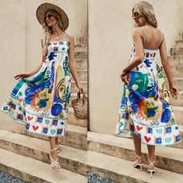 Casual Dresses Elegant Straps Printted Long Dress Women High Waist Spaghetti Beach Vacation Robe Sexy Backless A-line Midi Ladies Summer