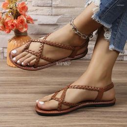 Casual Shoes Fashion Brown Hollow Out Sandals Flat Low Heel Lace Up Flip-flops Rome Summer Beach Gladiator Women Narrow Band