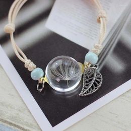 Strand Boho Bracelets Glass Ball Real Dry Peach Flower Dandelion Bangles Simple Plant Specimen Jewellery Women Adjustable Bracelet Gifts
