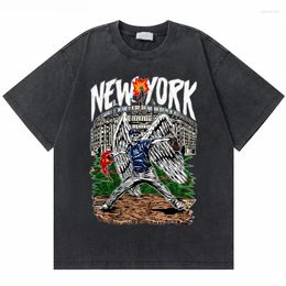 Men's T Shirts Fashion Washed Vintage York Baseball Skeleton Graphic T-shirt Men Hip Hop Oversized T-shirts Male Cotton Tees
