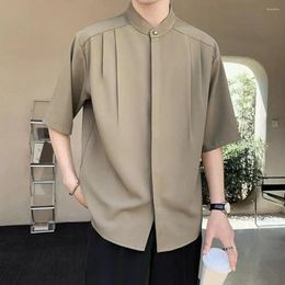 Men's Casual Shirts Men Solid Color Shirt Stylish Stand Collar Ice Silk Cardigan For Summer Office Wear Pleated Loose Fit Half Sleeves