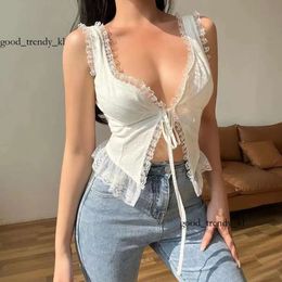 Women's Tanks Women Spaghetti Straps Camisoles Solid Colour Lace Trim Tie-up Front Sleeveless Sling Tank Tops Summer Vests Crop Streetwear 856