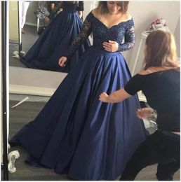 Navy Blue Evening Dresses Long Sleeve Off Shoulder V Neck Satin Lace Prom Dress Zipper Plus Size Party Gowns1111735