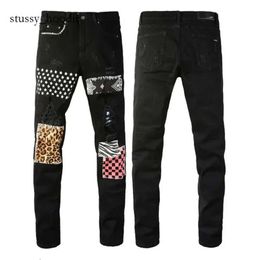 Man Pants Black Skinny Stickers Light Wash Amri Jeans Ripped Motorcycle Rock Revival Joggers True Religions Amri Men High Quality Brand Trousers Jeans 2493