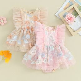 One-Pieces Newborn Toddler Baby Girl Romper Dress Fly Sleeve Embroidery Flower Mesh Tulle Romper Jumpsuits Tutu Dress Summer Clothes