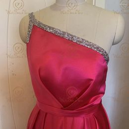 Party Dresses Evening 2024 One Shoulder Ruched Fuchsia Satin Long A Line With Rhinestone Formal Prom Gowns Special Occasion