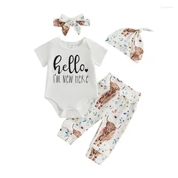 Clothing Sets Pudcoco Baby Girls Summer Outfit Letter Print Short Sleeves Romper Floral Cow Pants Headband Beanies Hat 4 Piece Set 0-18M