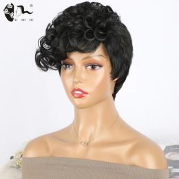 Wigs Short Black Burg Pixie Cut Synthetic Wig With Bangs For Black Women Heat Resistant Fibre Natural Straight Wavy Hair Daily Wigs