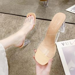 Slippers Comemore Women Square Toe Sandals Slingback Pumps Summer Shoes Medium Clear Heel Shoe Transparent High Heels 2024 Woman