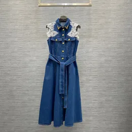 Designer Women Lace Patchwork Denim Dresses With Belt Luxury Brand Lapel Sleevess Single Breasted Dress Fashion Lady High Waist Dress