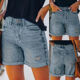 Womens Denim Shorts Summer Casual High Waisted Folded Hem Jeans for Juniors Sexy 240418