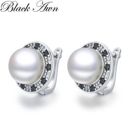 Earrings Black Awn 2022 New Round pearl Hoop Earrings for Women Classic Silver Colour Trendy Spinel Engagement Jewellery I223