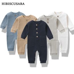 One-Pieces Spring Autumn Newborn Baby Romper Cotton Solid Soft Infant Jumpsuit With Pocket Girl Boy Long Sleeve Bebe Pajamas Wodden Buttons