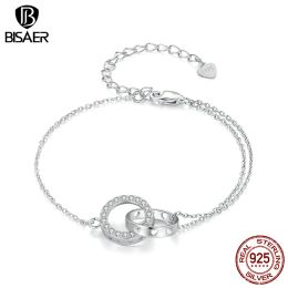 Strands BISAER 100% 925 Sterling Silve Double Hoop Bracelet Adjustable Bangle Plated Platinum for Luxury Women Original Fine Jewelry