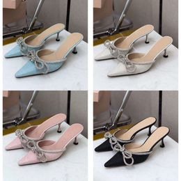 Sexy Summer Party Shoes 2021 Bling Sequin High Heel Slippers Women Pointed Toe Crystal Bow Knot Decor Sandals Lazyman Mules