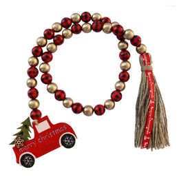 Decorative Figurines Christmas Wood Beads Garland With Wooden Snowflake Car Pendant Xmas Green Red Bead Tassel Rustic Farmhouse Decor