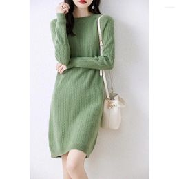 Casual Dresses Merino Pure Wool Dress Women's Mid-Length Large Size Sweater Loose High Waist Knit Skirt Autumn O-Neck 2024