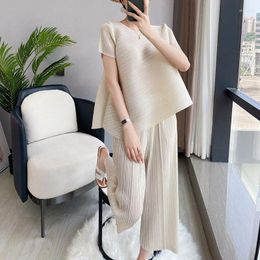 Women's Two Piece Pants Pleated High Class Sets Women Summer Loose Irregular Top Nine Straight Leg Western-style Age Reducing Two-piece Set