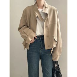 FSMG Womens Casual JacketAutumn Korean Style Stand Collar Comfortable Loose Fit Solid Color Short Jacket with Drawstring Hem 240423