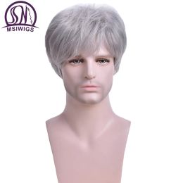 Wigs MSIWIGS Short Silver Grey Wig Mens Synthetic Hair Old People Wigs Straight for the aged White Colour