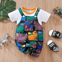 One-Pieces Summer Boys And Girls Handsome Cartoon Strap Dinosaur Print Comfortable Casual Short Sleeve Baby Bodysuit