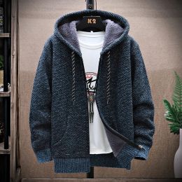 Polos Mens Autumn Winter Fleece Lined ZipUp Thick Plush Hoodie Knitted Cardigan Thermal Jumper Top Men's Sweater Hooded Cardigan