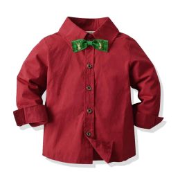 Shirts New Year Kids Boys LongSleeved Shirt Baby Cotton Children'S Wine Red Clothing Spring Autumn Party Bowtie Clothes Tops With Tie