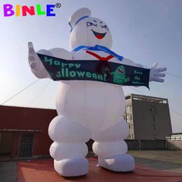 12mH (40ft) with blower Giant Inflatable Stay Puft Marshmallow Man (Ghostbusters) with advertising slogan banner on 2 hands for Halloween Decoration