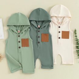 Clothing Sets 2024-01-22 Lioraitiin 0-18M Summer Infant Baby Girls Boys Sleeveless Romper Button Pocket Patch Hooded Top Jumpsuit Clothes