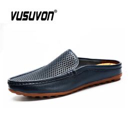 Italian Shoes Men Luxury Genuine Leather Loafers Moccasins Black Soft Outdoor Driving Flat Nonslip Fashion Slippers Summer 240410