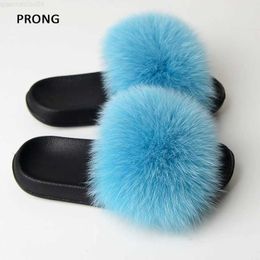 Slipper Women Fur Slippers Summer Real Fox Fur Furry Slides Ladies Plush Indoor Outdoor Flip Flops Woman House Shoes Flat Fluffy SandalsL2404