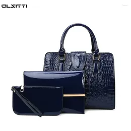 Shoulder Bags 3 In 1 Fashion Tote Bag Luxury Crocodile Pattern Patent Leather For Women 2024 Designer Brand Crossbody Handbags