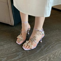 Casual Shoes Floral Sandals For Women Summer Skinny Heels 2024 One-line Buckle French Dress Strap Open Toe Fairy Slippers