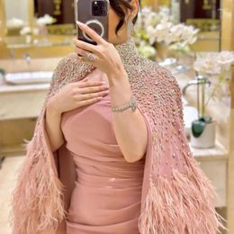 Party Dresses Luxury Dubai Pink High Neck Evening Beads Crystal Feather With Cape 2024 Arabic Women Mermaid Wedding Prom Dress