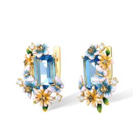 Stud Fashion Sea Blue Topaz 925 Sterling Sier Earrings Luxury 18K Gold Butterfly Flower Ear Handmade Enamel Jewellery 240113 Drop Deliv Dh0Lh