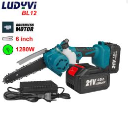 Shavers Brushless Electric Saw 1280w 6inch 6m/s Chain Saw 21v 4000mah Battery Cordless Chainsaws Woodworking Tools Garden Trimmer