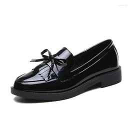 Casual Shoes Leather Loafers Women's Black Patent Platform Slip On For Women 2024 Spring British Tassel Bowknot Flats