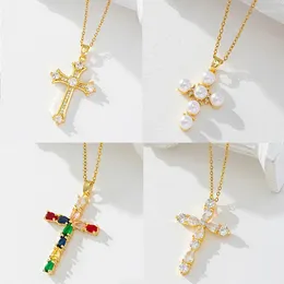Pendant Necklaces Gold-plated Real Gold Cross Necklace Geometric Zircon Female Retro Luxury Design Pearl