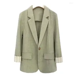 Women's Suits Green Thin Blazers Jacket For Women 2024 Summer Tailored Striped Cuff Patchwork Sleeve Suit Top Office Ladies Clothing