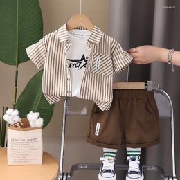 Clothing Sets 2024 Toddler Summer Outfits For Baby Boy Clothes 1 To 2 Years Vertical Striped Short Sleeve Shirts T-shirts Shorts Kids Suit